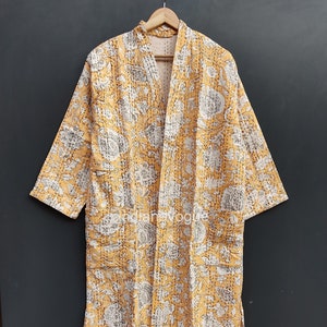 Hand Block Print Kantha Robe, Kantha Jacket, hand made kantha jacket Japanese style Floral kantha robe winter jacket boho tie belt coat