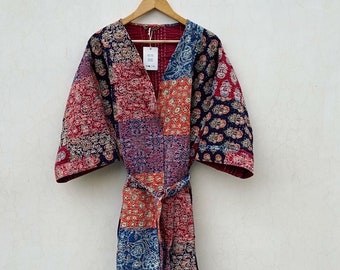 Patchwork handmade kantha jacket Japanese kimono style Floral kantha robe winter jacket multi colored tie belt coat