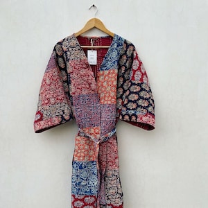 Patchwork handmade kantha jacket Japanese kimono style Floral kantha robe winter jacket multi colored tie belt coat