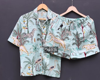 Handmade Cotton Pajama Set | Jungle Animal Print Sleepwear | Unisex Nightwear Shorts Set | Summer Loungewear
