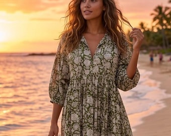 Olive Green Floral Cotton Midi Dress, Women’s Block Print Dress, Boho Summer Outfit, Handmade Casual Vacation Dress