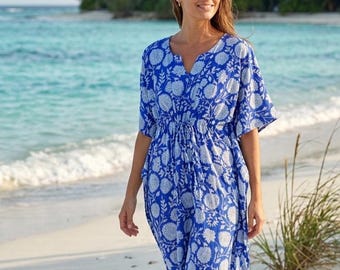 Blue Floral Kaftan Dress, Cotton Midi Dress, V Neck Beach Cover Up, Boho Summer Dress, Loose Fit Resort Wear, Vacation Dress for Women
