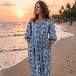 Hand Block Print Baumwoll-Gauze Midi Kleid | Tiefer Halsausschnitt Boho Style, Midikleid, Minikleid