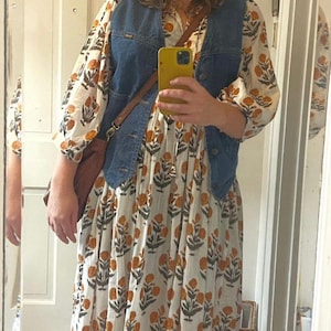 Vestido estampado floral de caléndula, vestido maxi bohemio 100% algodón, vestido tipo blusón con estampado de Jaipur indio, túnica con mangas abullonadas, vestido de corte holgado.