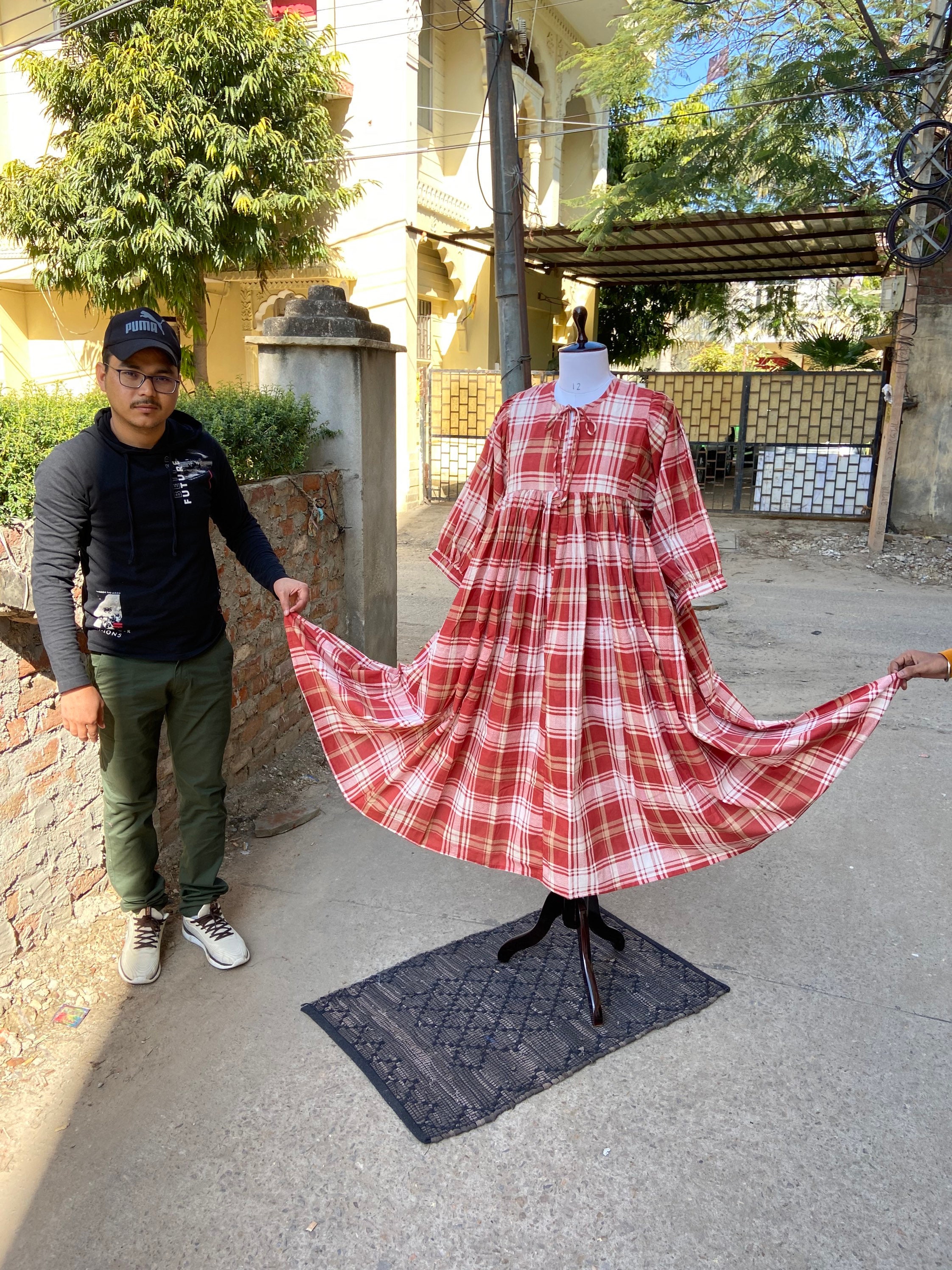 Red and White Check Cotton Gauze Dress, Balloon Sleeve Cottagecore