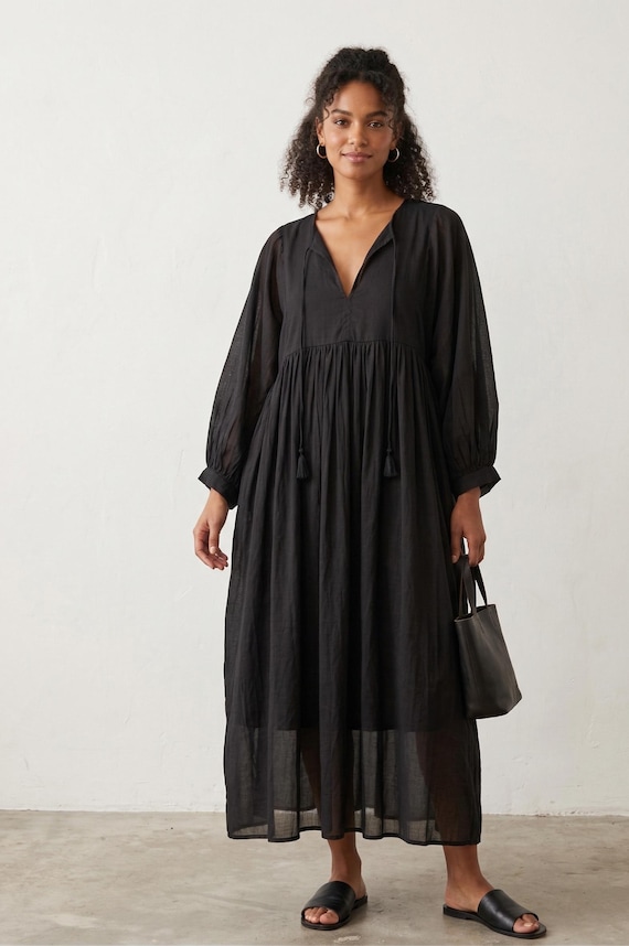 midi black gauze dress pockets Cotton back: corset Long-sleeve slouch waist dress Color:Custom Color(Leaving a note) line shape