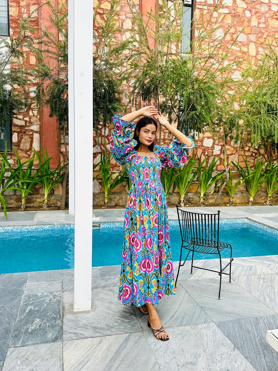 Ikat Print Cotton Gauze Midi Dress, Floral Smock Dress - Etsy display picture 1