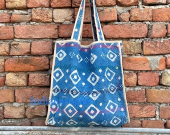 Vintage Indogo Kantha Hand Print Tote Bag Indian Handmade