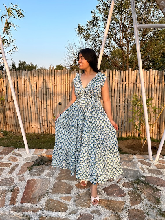blue cotton floral dress Blue Floral V-Neck Cottagecore Dress Vintage-Inspired Charm, Short & Long Lengths Short Length Dress / S