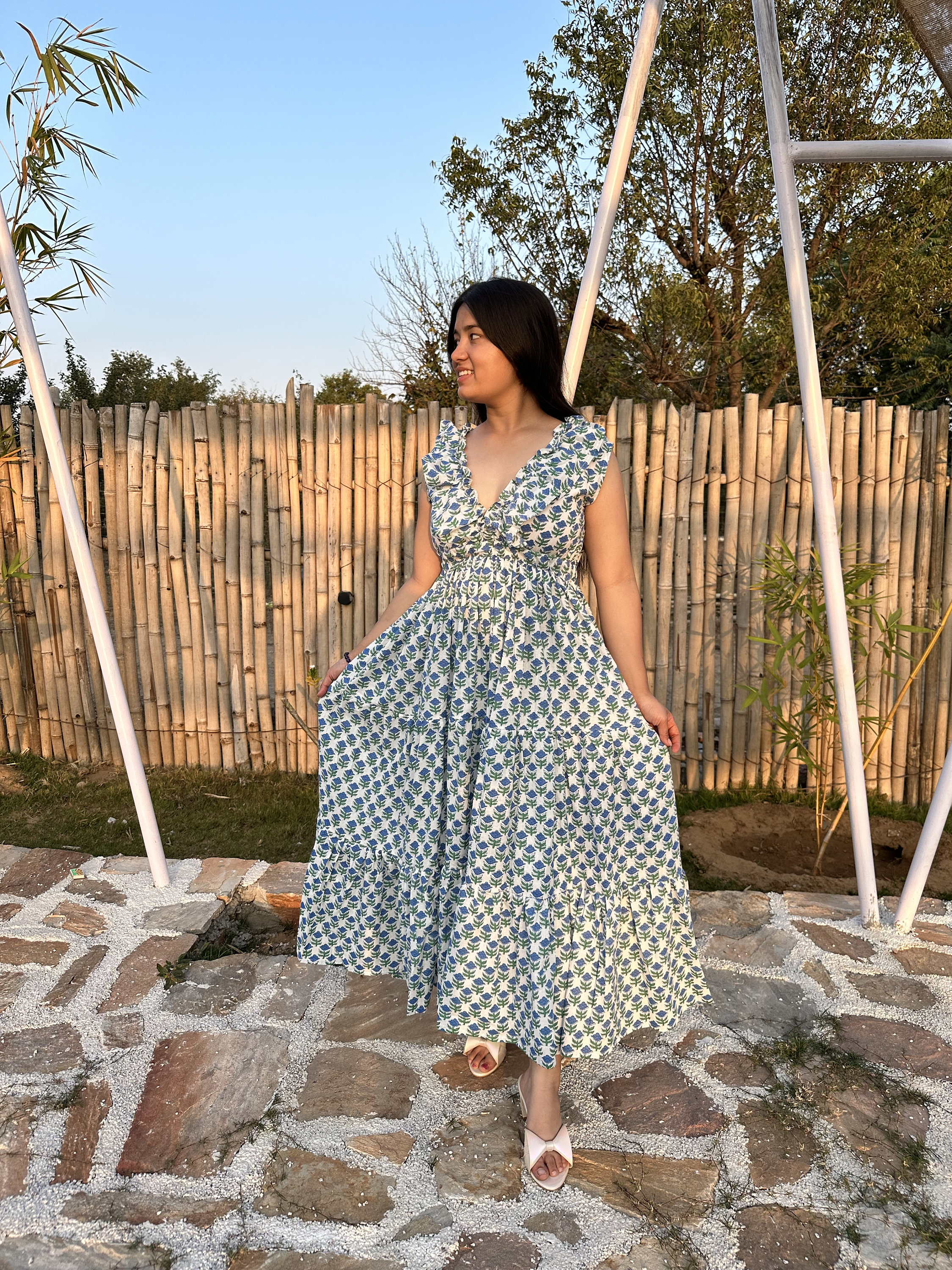 blue full of flowers organic cotton midi dress Blue Full Of Flowers Organic Cotton Midi Dress – FARM Rio main image 0
