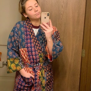 Indian handmade Patchwork kantha jacket Japanese kimono style Ajrakh kantha robe winter jacket one size fits All