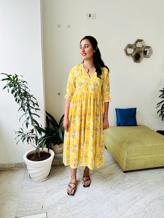 midi yellow summer dresses for women Yellow Linen Midi Dress with Floral Print and Flared Fit Xiaolizi