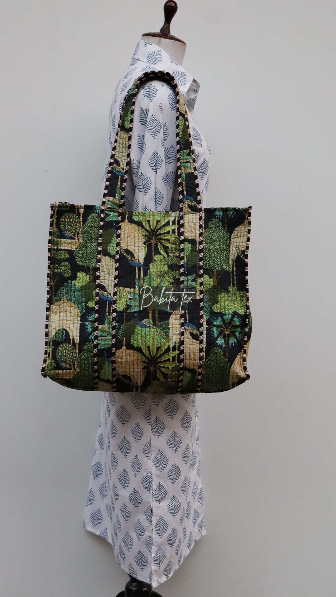 Handmade Quilted Tote Shopping Bag, Floral Print Cotton