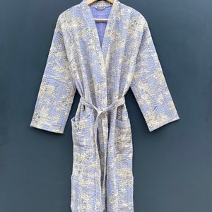 Block print Kantha Robe, Kantha Jacket, handmade Floral Print kantha jacket, Japanese style kantha robe, winter jacket, boho tie belt coat