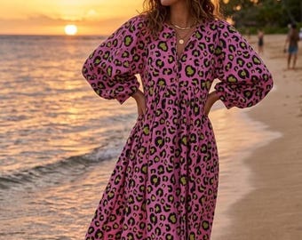 pink leopard flowers organic cotton midi dress Pink Leopard Print Midi Dress for Women, Oversized Boho Cotton Maxi Dress,  Bold Animal Print Loose Fit Outfit