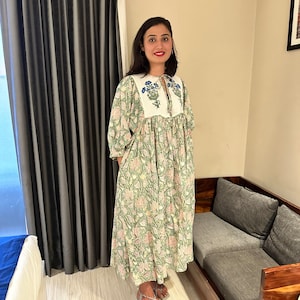 Floral Block Print Cotton Gauze Dress: Deep Neck Midi Dress