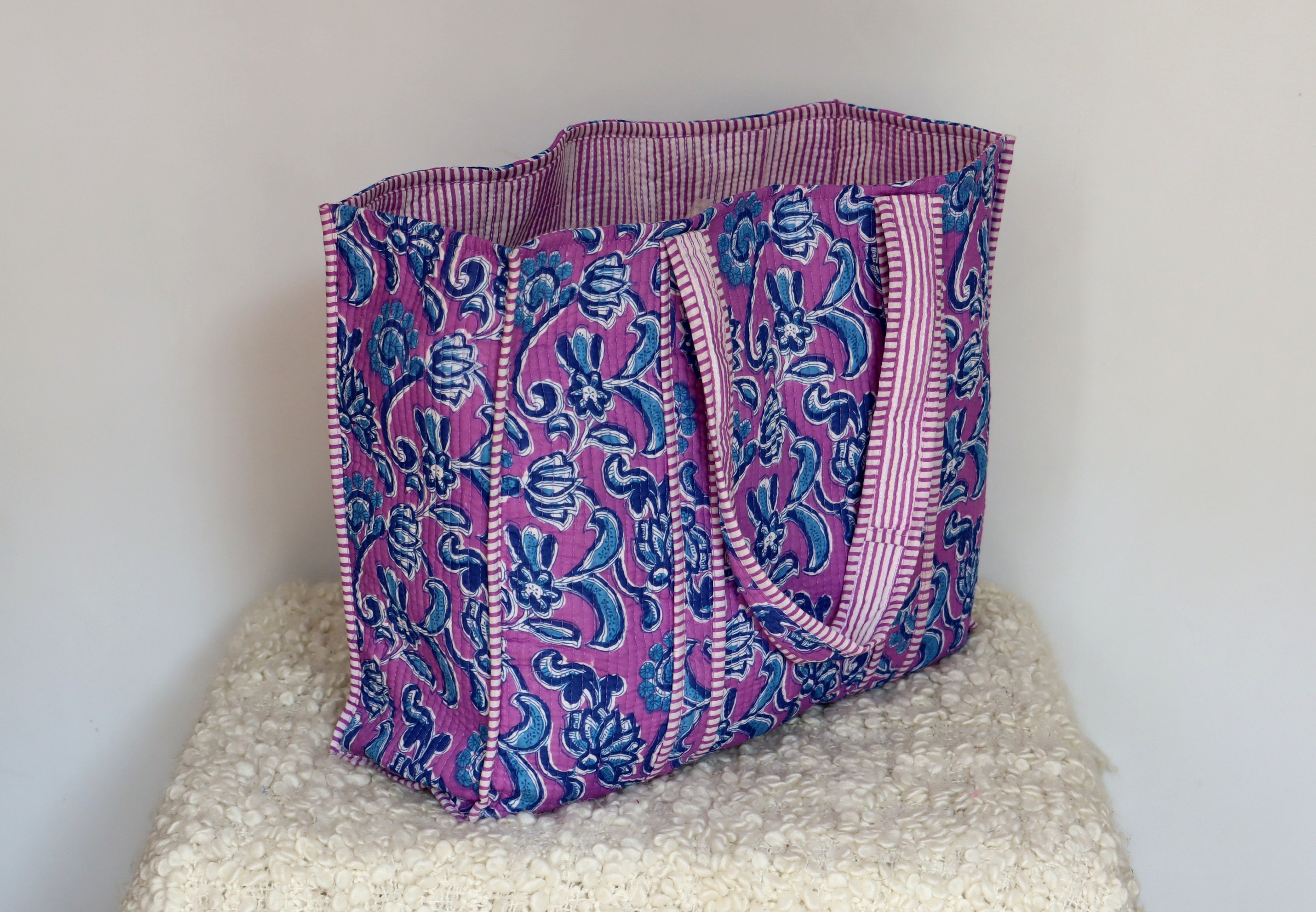 Handmade Quilted Tote Shopping Bag, Floral Print Cotton Handmade Quilted Tote Shopping Bag, Floral Print Cotton