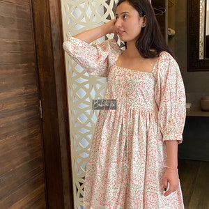 Square Neck Floral Blue Midi Dress, Blouson Sleeve Dress
