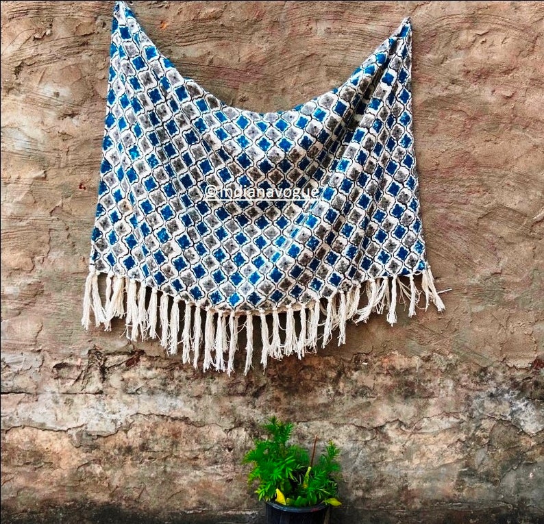 Wood Hand Block Printed Khadi Cotton Blanket Dhurrie Rug Handmade Boho Picnic Rug Hand Woven Beach Throw With Fringes