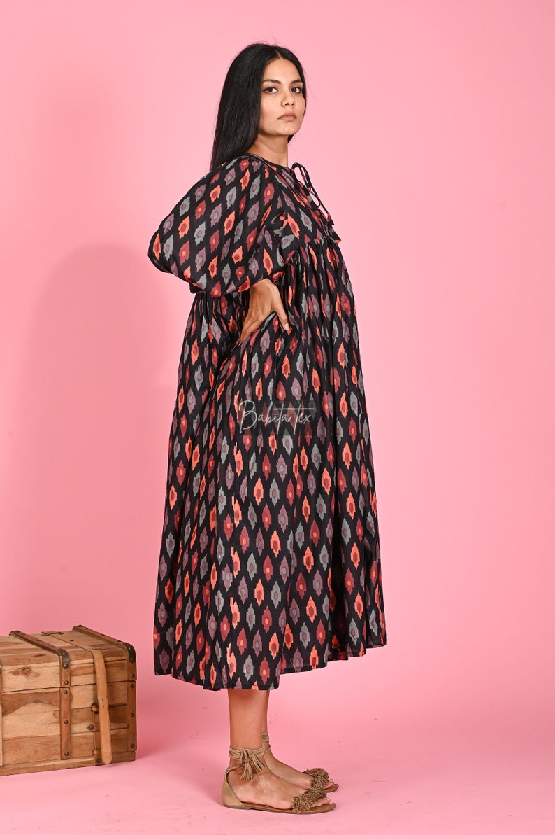 Midi Dress, Mini Dress, Ikat Long Block Print Dress, Deep Neck with string closer image 8