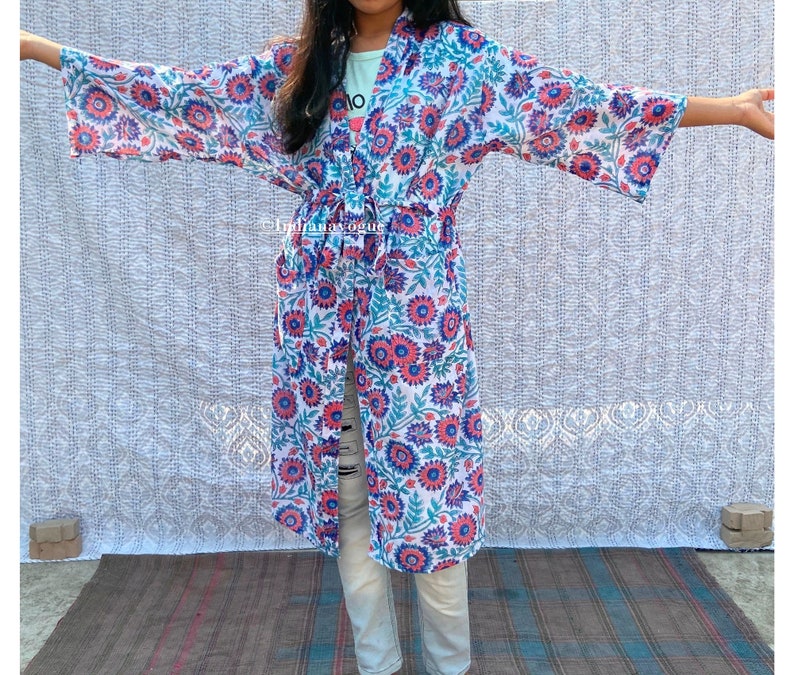 Wood Block print fabric Soft and comfortable night robes Cotton wrap dress Cotton kimono Robes for women Dressing gown for women