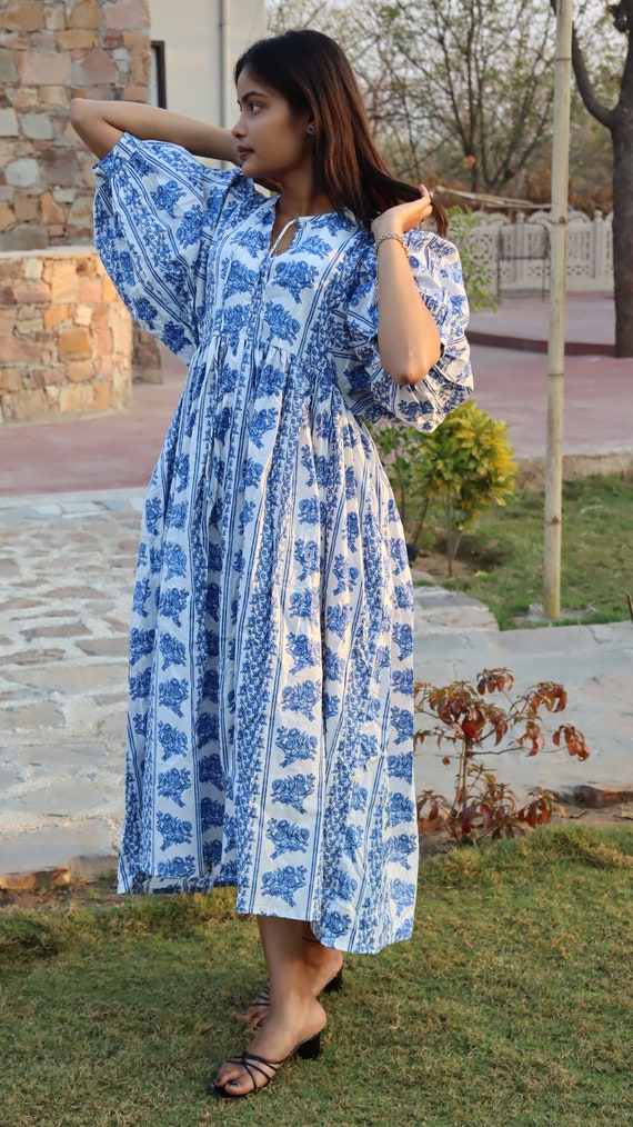 Blue Floral Cotton Maxi Dress, Boho Balloon Sleeve Kaftan