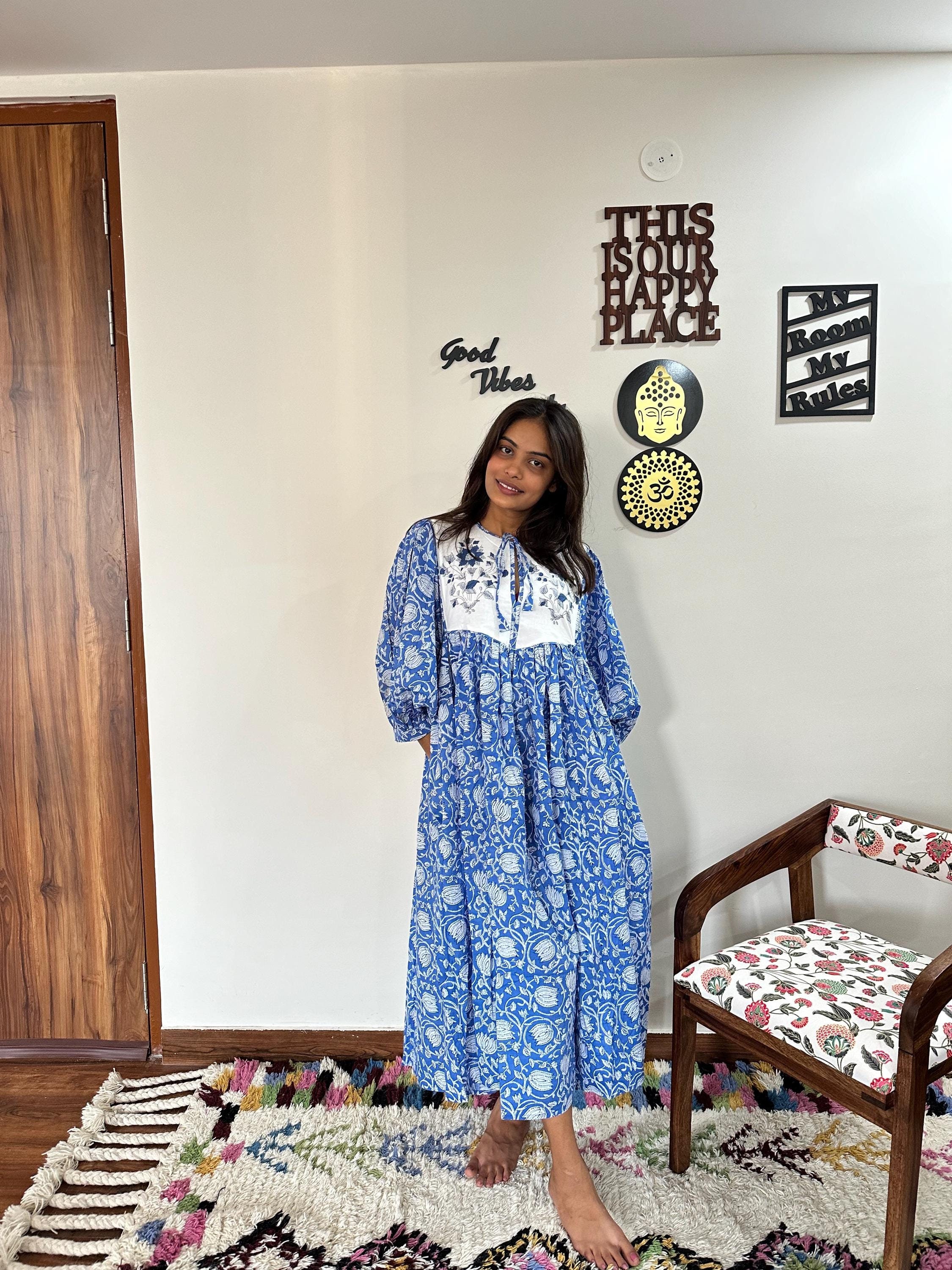 Floral Block Print Cotton Gauze Midi Dress - Deep Neck - Etsy Israel