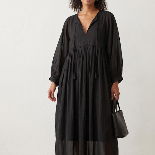 Solid Black Cotton Maxi Dress for Women - Boho Long Sleeve Dress - Relaxed Fit V-Neck Summer Gown - Oversized Flowy Peasant Dress
