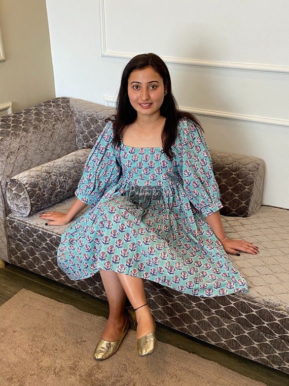 Square Neck Floral Blue Midi Dress, Blouson Sleeve Dress