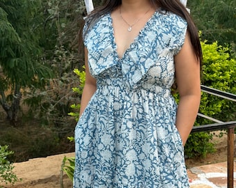 Floral Block Print Midi Dress, Deep Neck Cotton Gauze Summer Dress