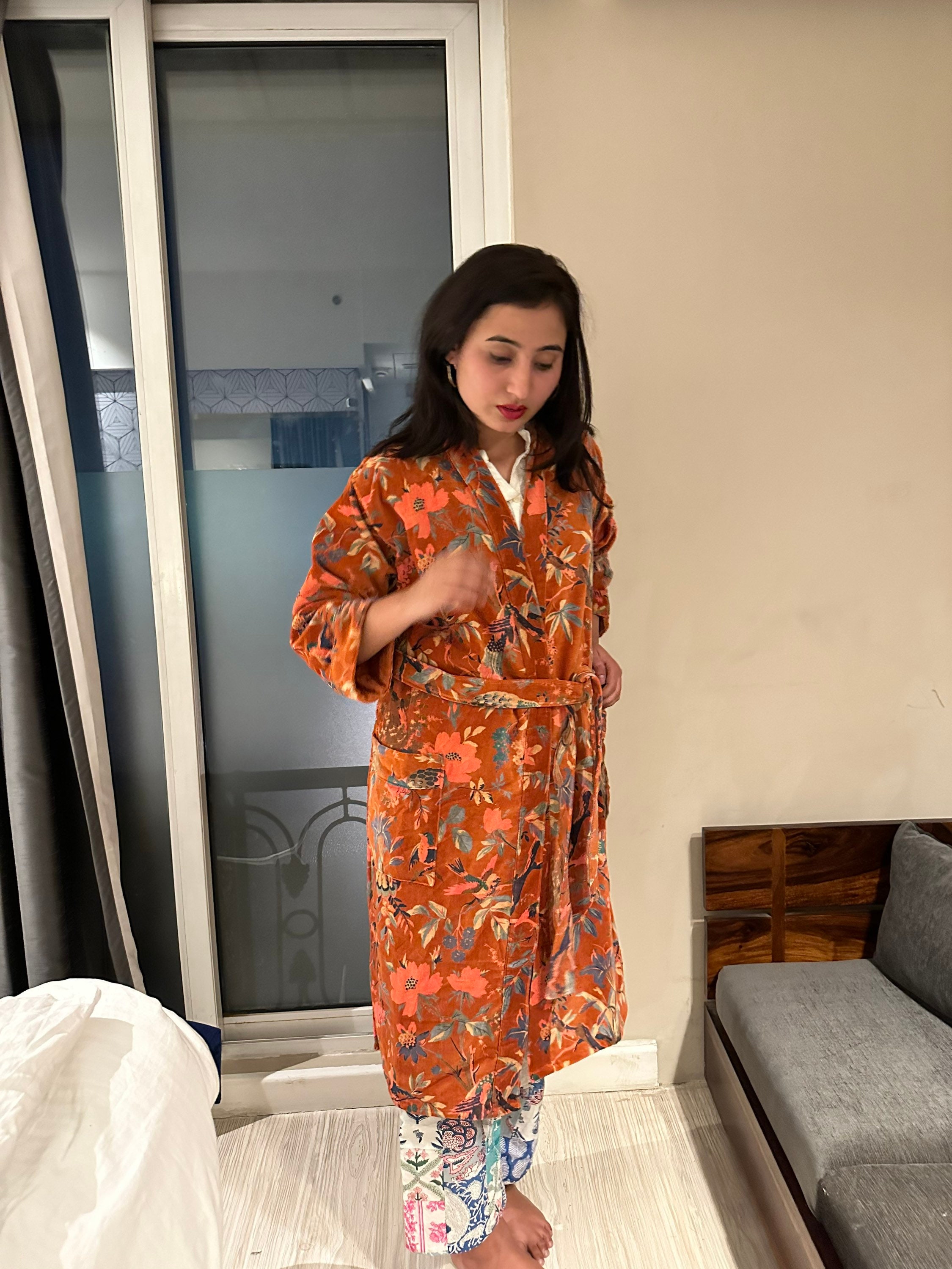 Bird Print Velvet Boho Jacket Japanese Kimono Style Ethic Bird Print Velvet Boho Jacket Japanese Kimono Style Ethic