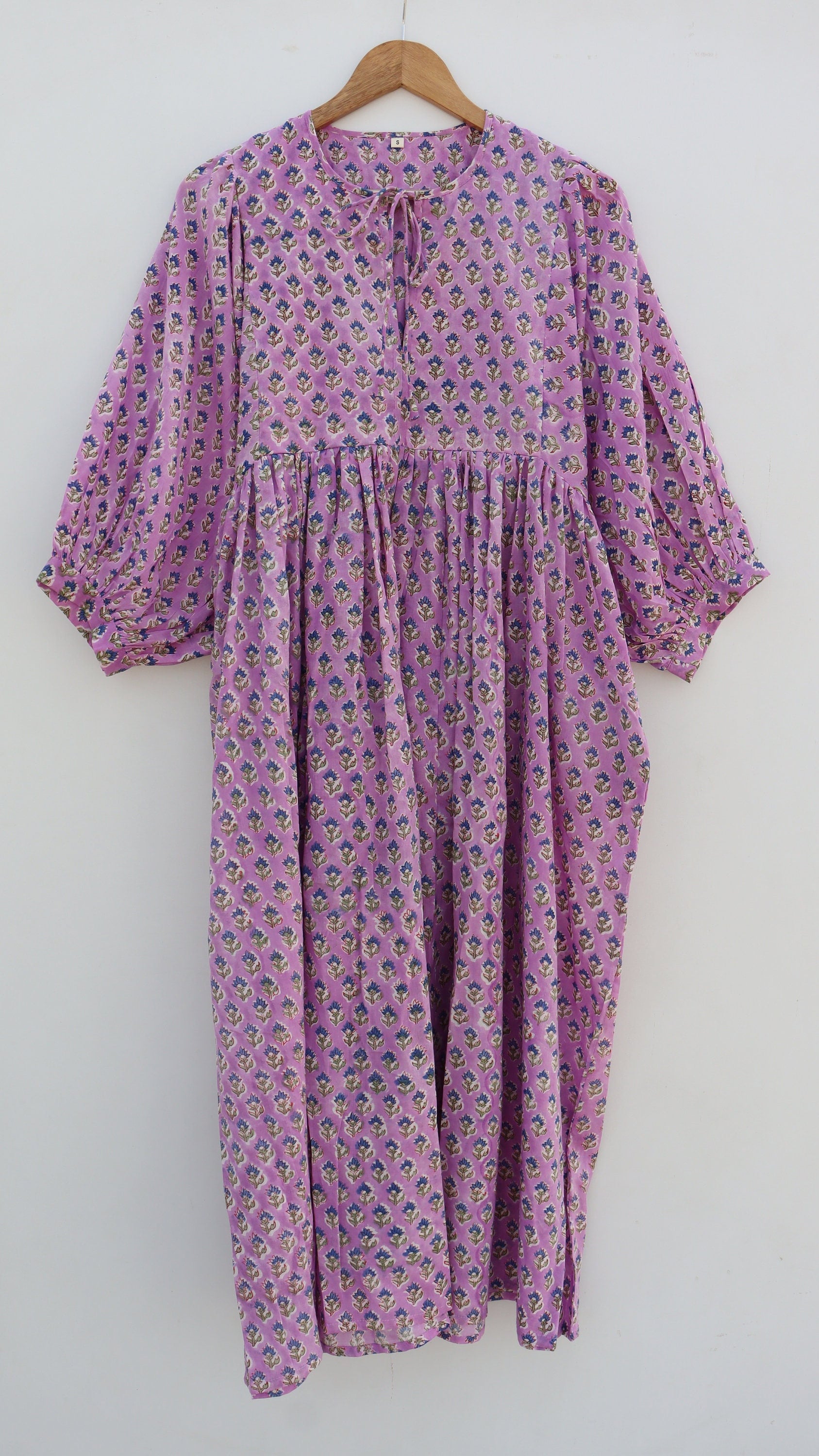 purple block print dress Hand Block Print Cotton Midi Dress: Purple Floral Smocked Bodice Dress