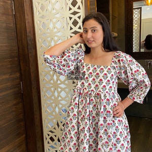 Square Neck Floral Blue Midi Dress, Blouson Sleeve Dress