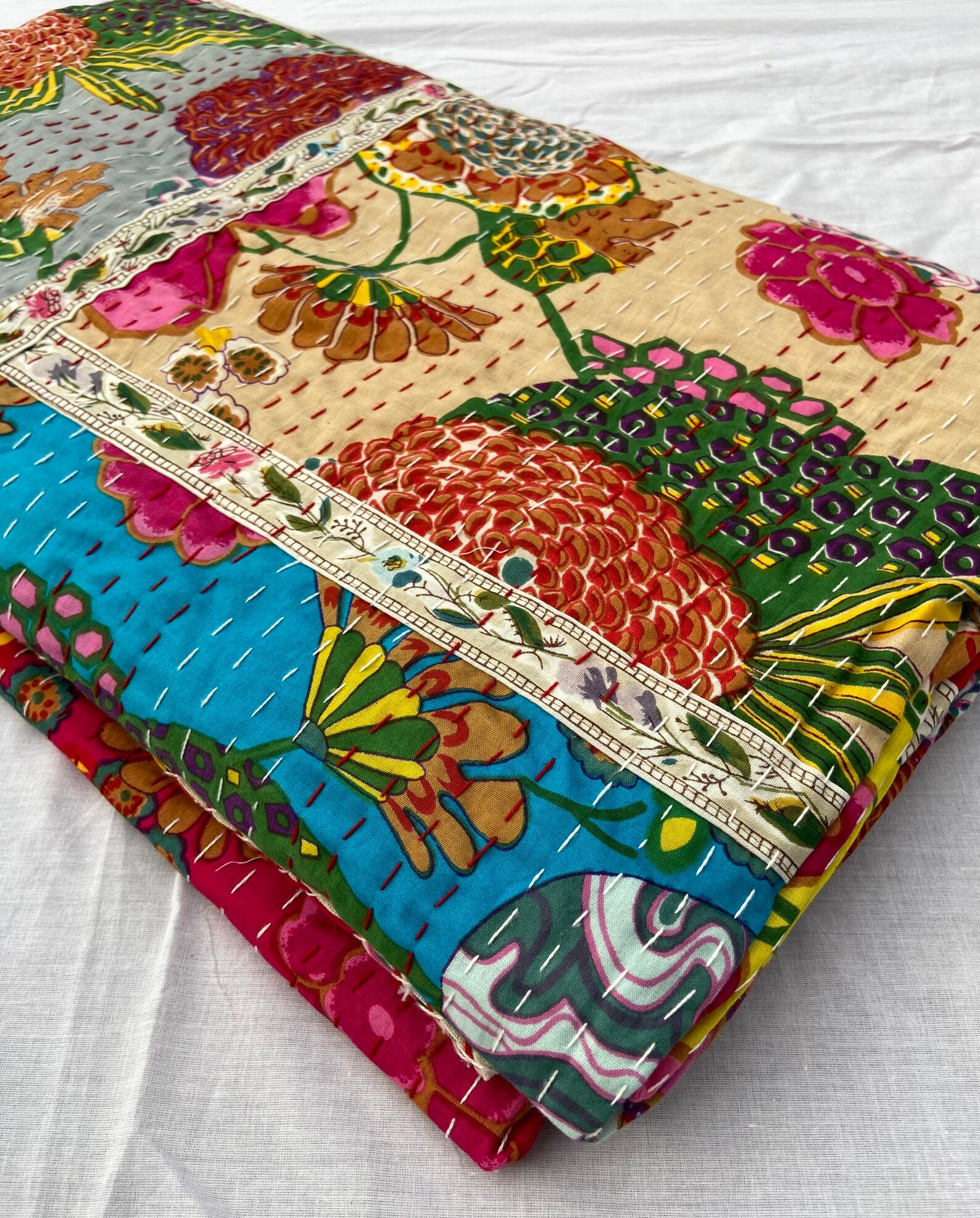 Patchwork Tropical Kantha Quilt Indian Kantha Blanket Queen Etsy