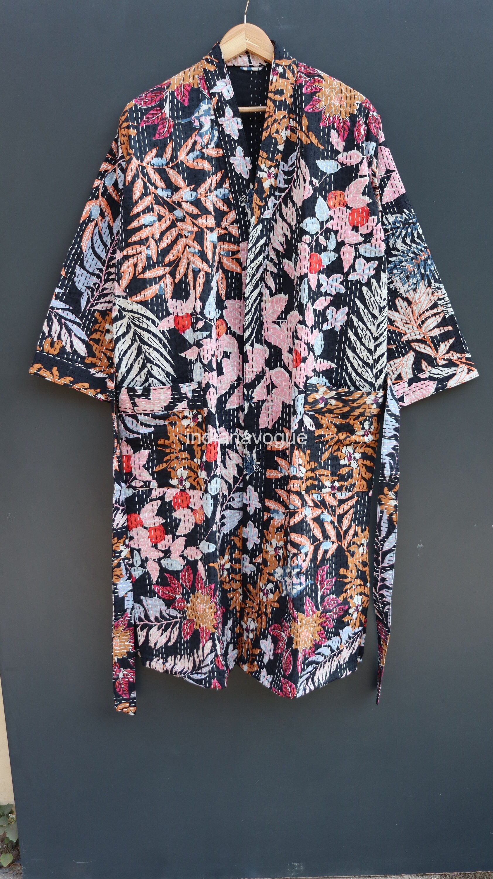Handmade Leaf Print Kantha Jacket Japanese Kimono Style Beach - Etsy