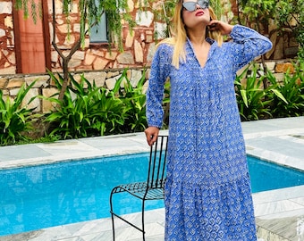 Floral Block Print Cotton Gauze Midi Dress