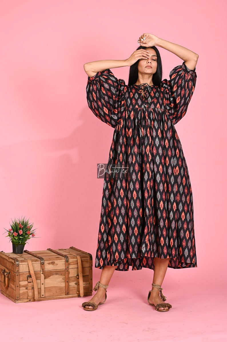 Midi Dress, Mini Dress, Ikat Long Block Print Dress, Deep Neck with string closer image 1