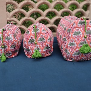 Indian Floral Cotton Toiletry Bag Set: Quilted Travel Makeup Pouches