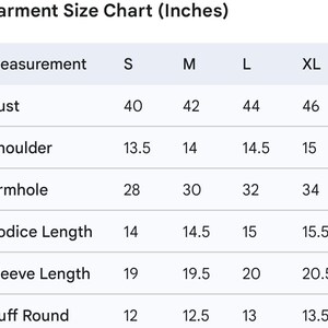 May include: A garment size chart in inches with columns for S, M, L, and XL sizes. Rows list measurements for Bust, Shoulder, Armhole, Bodice Length, Sleeve Length, and Cuff Round with corresponding numerical values for each size category provided.