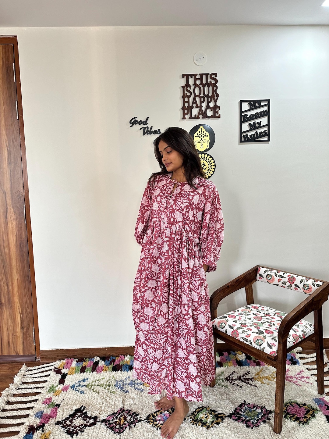 Floral Block Print Cotton Gauze Dress Deep Neck Midi Mini Dress