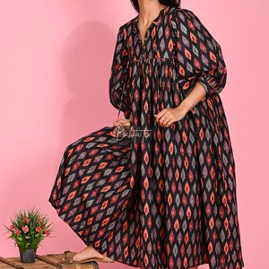 Midi Dress, Mini Dress, Ikat Long Block Print Dress, Deep Neck with string closer image 2