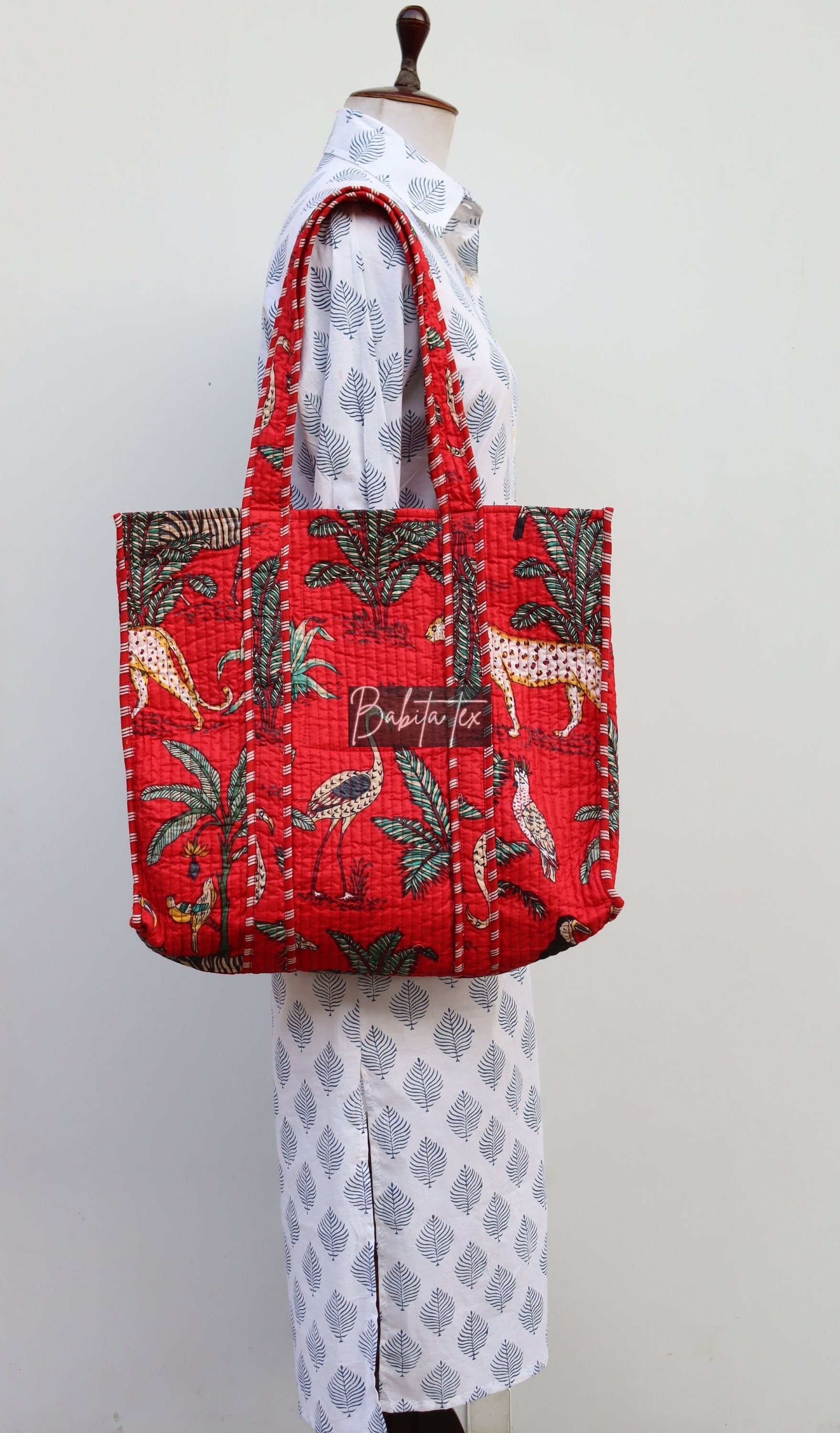 Handmade Quilted Cotton Tote Bag: Tiger Print Ethnic Market