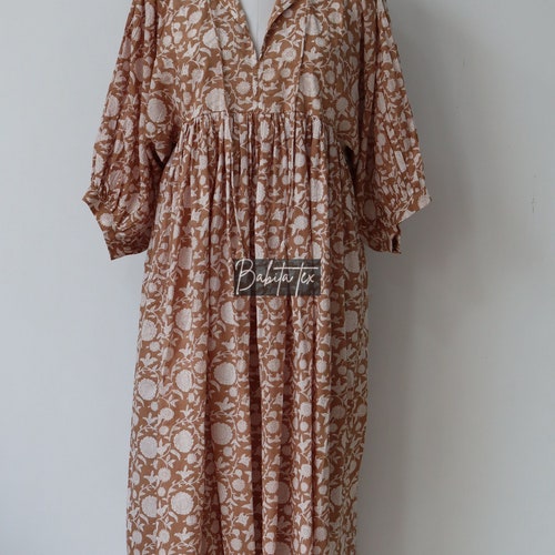 Boho Cotton Midi Dress, Block Print Floral, Indian Gauze, Summer Vacation Outfit