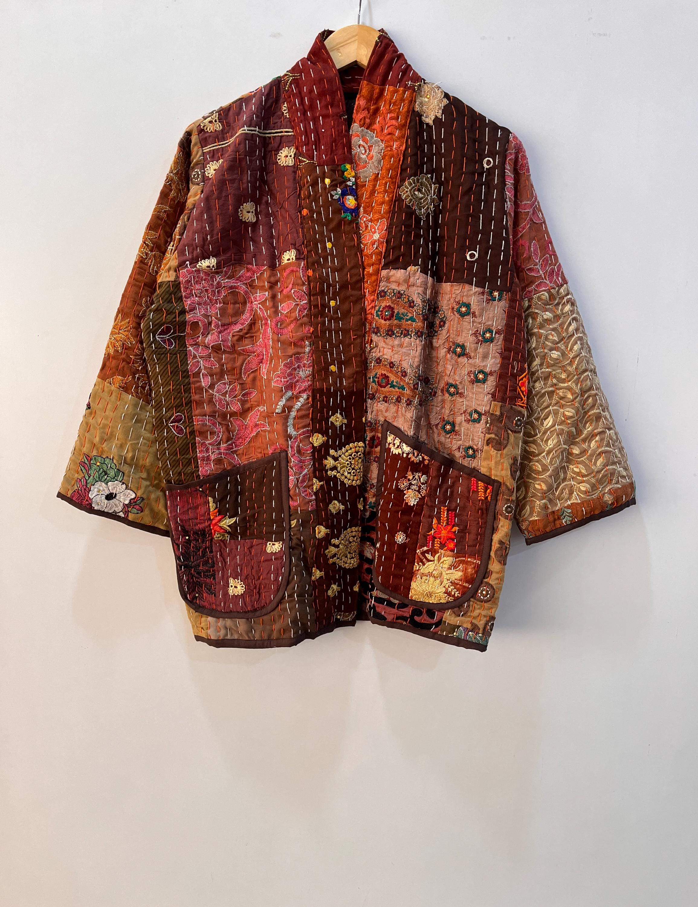 Kantha Jacket, handmade Floral Embroidered kantha jacket, Japanese style kantha coat, winter jacket
