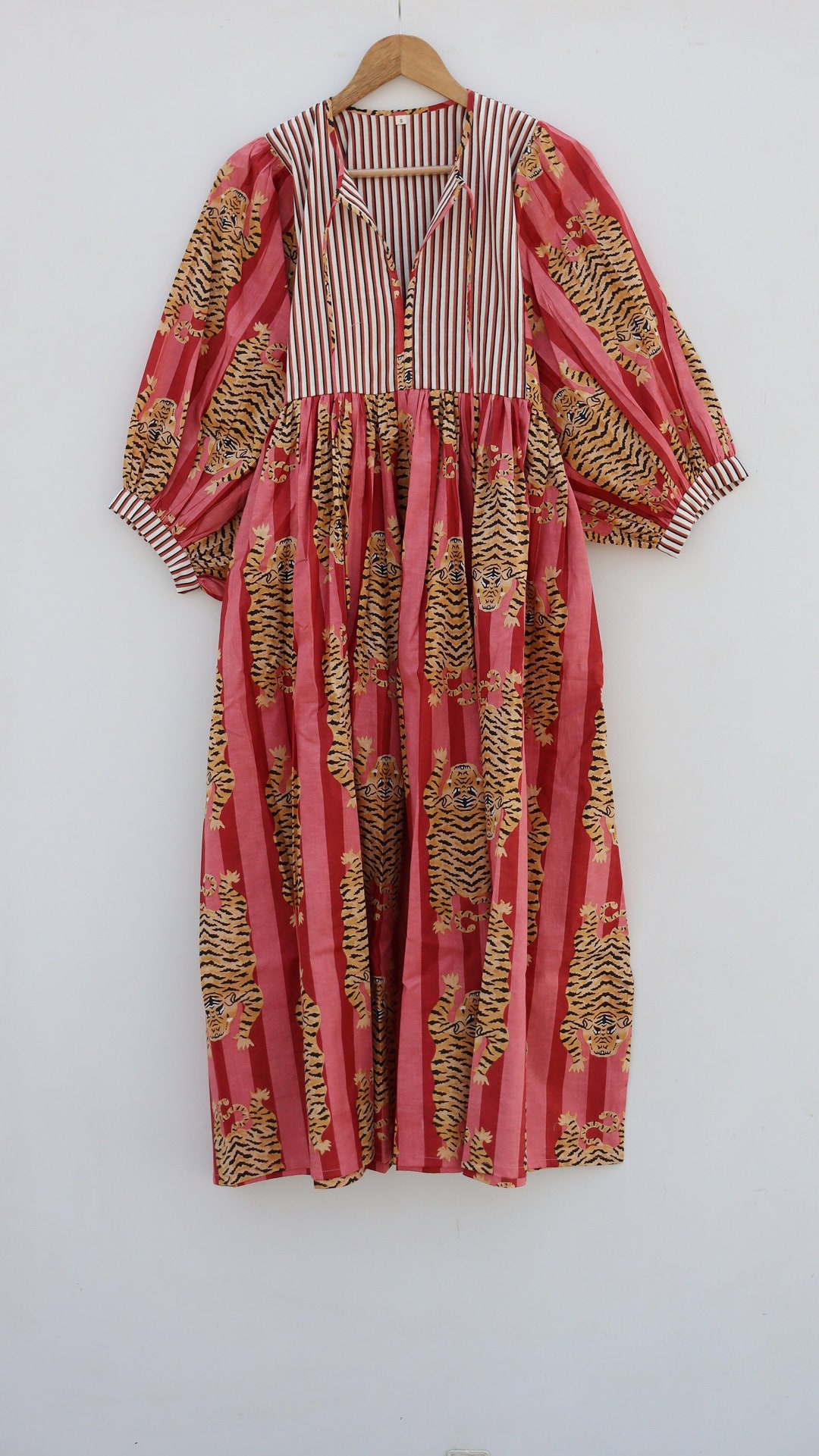 TIGER LONG SLEEVE DEEP V NECK BROWN DAY DRESS