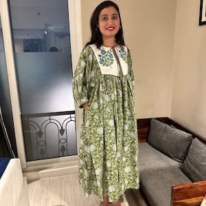 Floral Block Print Cotton Gauze Dress: Deep Neck Midi Dress