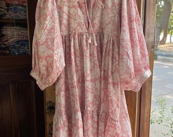 Block Print Cotton Gauze Dress, Rose Pink Boho Mini Gown