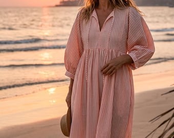 Pink Red Stripe Cotton Midi Dress, Boho Puff Sleeve Summer Casual Flowy Silhouette