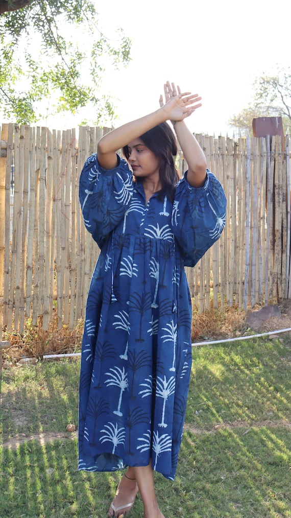 Natural Indigo Cotton Gauze Dress: Block Print Maxi Gown Natural Indigo Cotton Gauze Dress: Block Print Maxi Gown