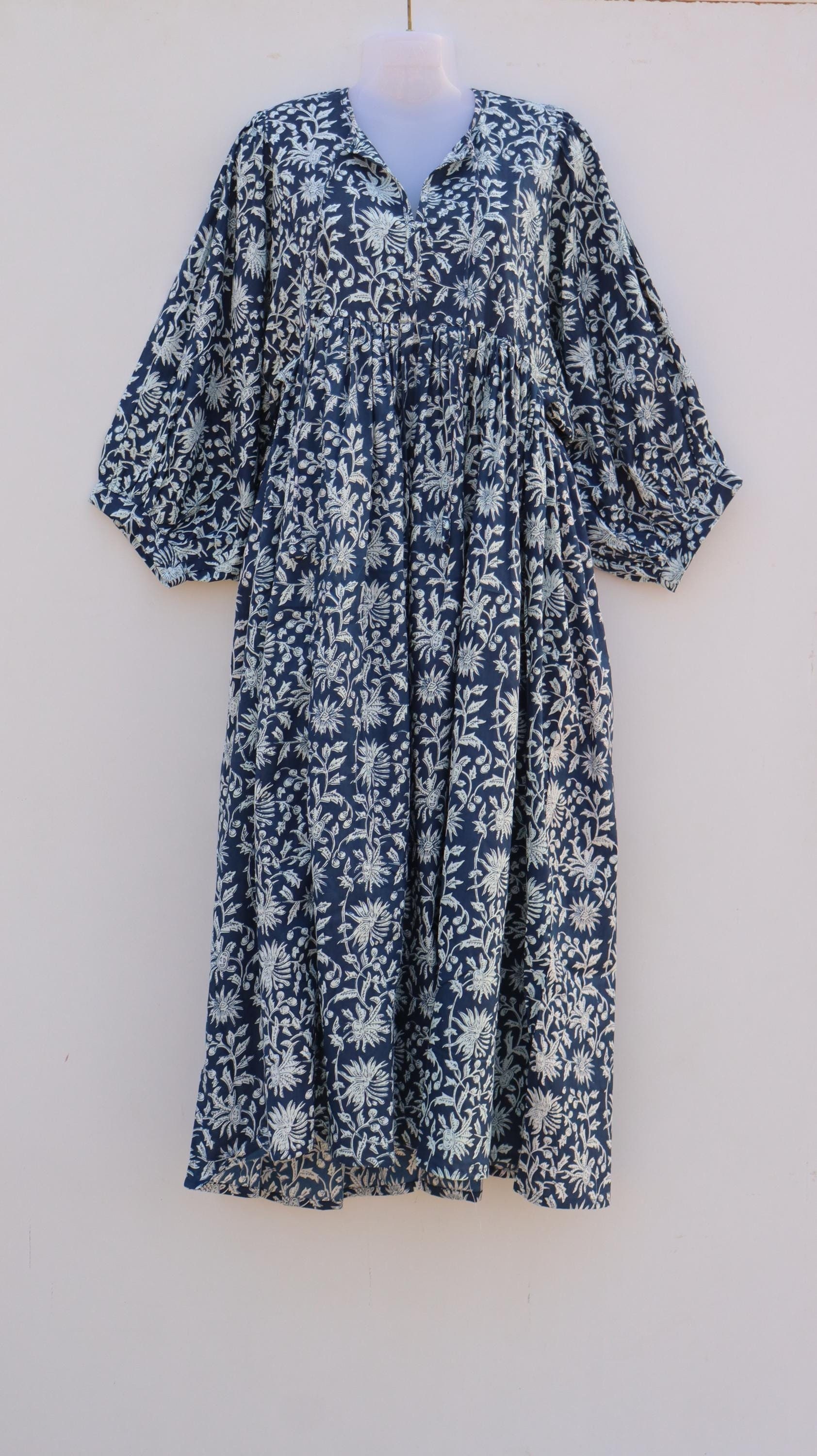cotton womens dresses uk Blue Floral Cotton Midi Dress, Boho Cottagecore Dress, Loose Puff Sleeve Cotton  Dress, Handmade Summer Vacation Dress
